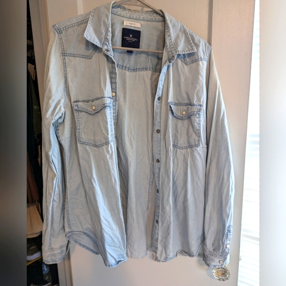 Reposhing this American Eagle Outfitters Light Wash Denim Button-Down Shirt